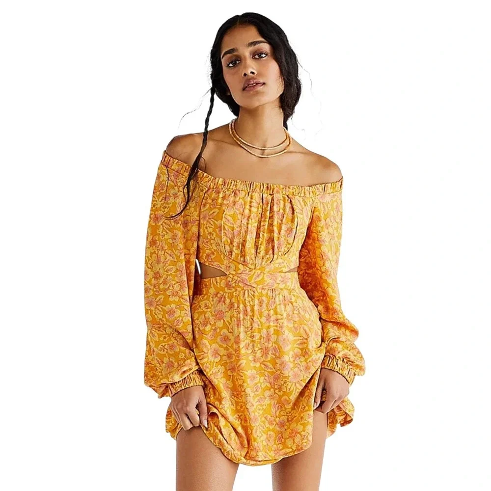 FREE PEOPLE Size XS Jael Printed Mini Dress In Golden Combo Off Shoulder Viscose